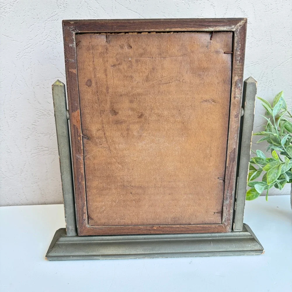 Antique Swivel Tabletop Picture Frame Green Gold Wood Baby Portrait 11 inch